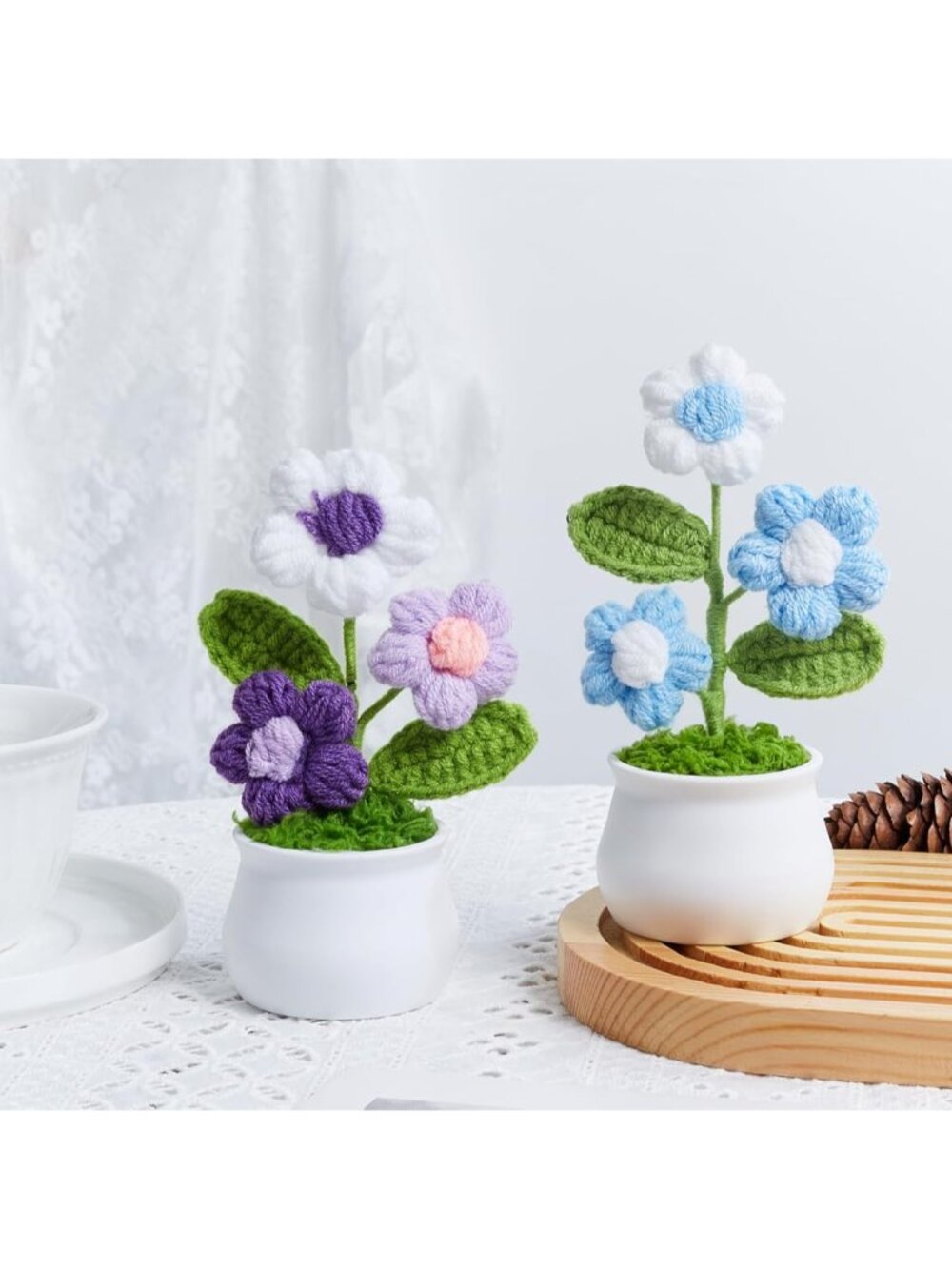 Blue Crochet Puff Flowers Potted Plants, Small Handmade Graduation Anniversary A - Picture 4 of 6